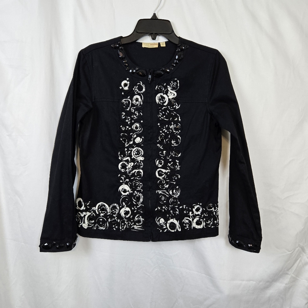 Choices Women Black White Floral Beaded Round Neck Long Sleeve Full Zip Jacket S